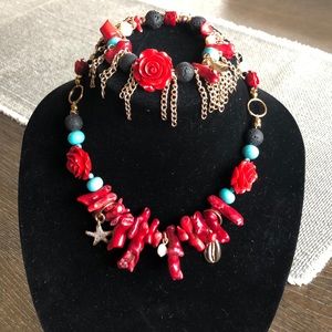 ONE OF A KIND!Coral, pearls,turquoise,lava beads